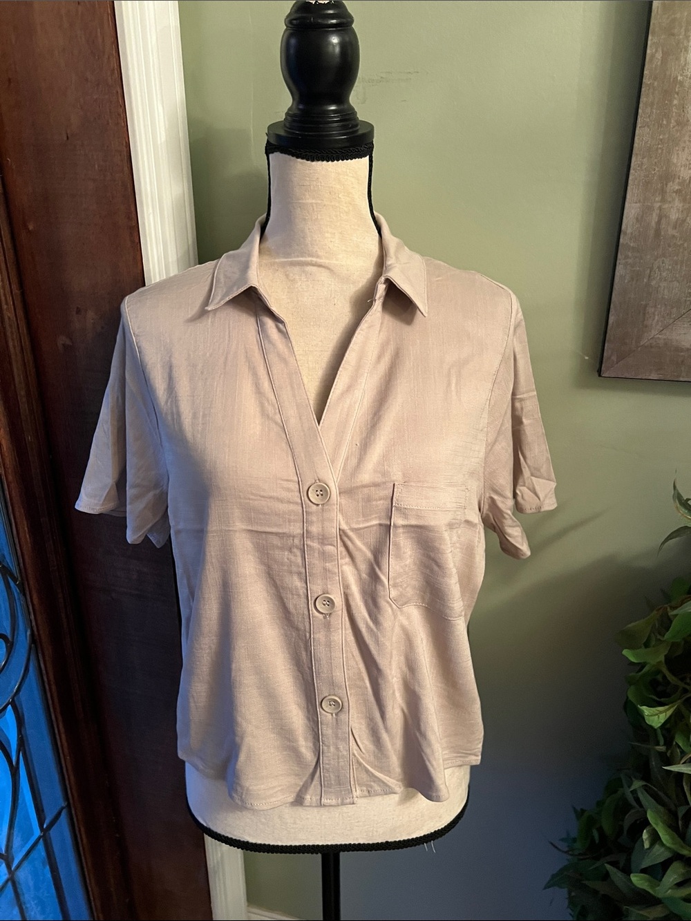 Moa Moa Short-Sleeve Button Front Shirt in Light Taupe
